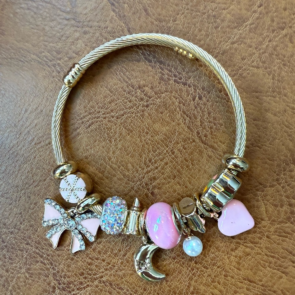 Pandora Moments Gold Tone Charm Bracelet Pink Bow Heart Moon New - Picture 5 of 5